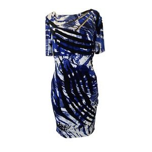 Kay Unger Jersey Sheath Dress Blue Black Cut Out Neck Short Sleeve Lined…